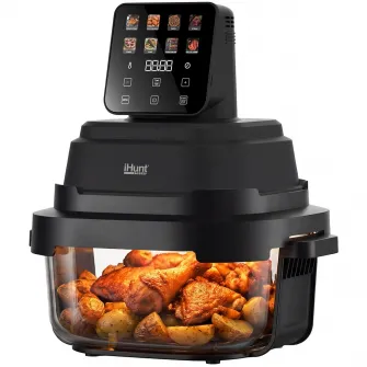 Friteuza cu aer cald fara ulei iHunt PureGlass Crisp 8 in 1, Sistem din Sticla Borosilicata, 1500W, 2 Vase Modulare 4L + 1.5L cu Capace de Sigilare, Vedere si Circulatie 360° a Aerului Cald, Compact, Compatibil cu Masina Spalat Vase, Black