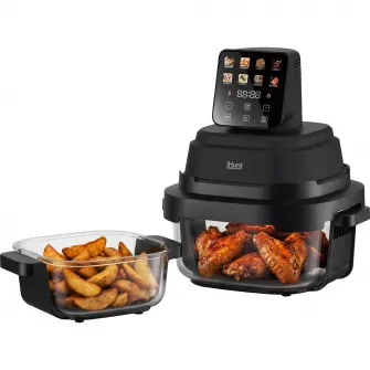 Friteuza cu aer cald fara ulei iHunt PureGlass Crisp 8 in 1, Sistem din Sticla Borosilicata, 1500W, 2 Vase Modulare 4L + 1.5L cu Capace de Sigilare, Vedere si Circulatie 360° a Aerului Cald, Compact, Compatibil cu Masina Spalat Vase, Black