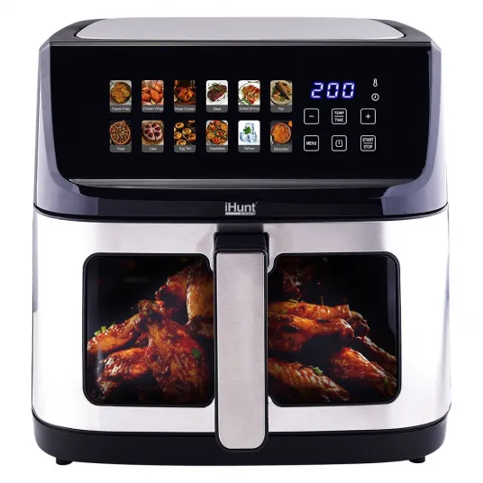 Friteuza cu aer cald iHunt Bro Air Fryer 11L, 2300W, Capacitate Mare, Timer, Dezghetare, Control Digital Touch, 12 Programe Presetate, Oprire Automata, Termostat 60 – 200°C, Inox Premium, Silver Black