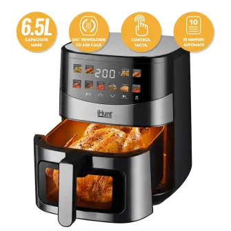 Friteuza cu aer cald iHunt Bro Air Fryer Ultra 6.5L, 1500W, 10 Programe Presetate, Ecran Color Touch, Termostat 80–200°C, Oprire automata, Temporizator, Strat antiaderent, Inox Premium, Silver Gray