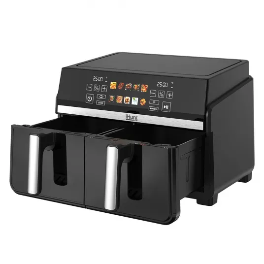 Friteuza cu aer cald iHunt Bro Dual Zone Air Fryer 10L, 1100W + 1100W, Compartimente independente, Ecran Touch, Termostat, 10 Programe Presetate, Dezghetare, Timer, Oprire automata, Inox, Silvery Grey