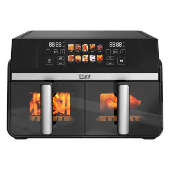 Friteuza cu aer cald iHunt Bro Dual Zone Air Fryer 10L, 1100W + 1100W, Compartimente independente, Ecran Touch, Termostat, 10 Programe Presetate, Dezghetare, Timer, Oprire automata, Inox, Silvery Grey