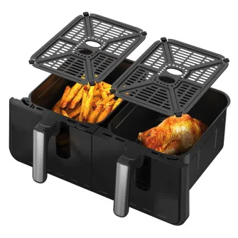 Friteuza cu aer cald iHunt Bro Dual Zone Air Fryer 10L, 1100W + 1100W, Compartimente independente, Ecran Touch, Termostat, 10 Programe Presetate, Dezghetare, Timer, Oprire automata, Inox, Silvery Grey