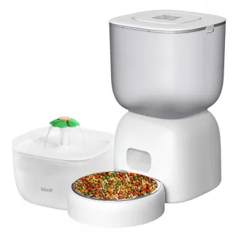 Hranitor automat si fantana de apa pentru animale de companie iHunt Smart Pet Care Pack, Programabil, Sistem de filtrare, Aplicatie iHuntHome, Silentios, 3L, Alb