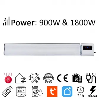 Incalzitor electric cu termostat, aplicatie mobila, 1800W si 900W, ElectricSun, alb, 120x15x6cm