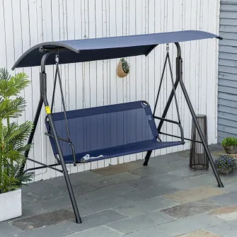 Leagan de gradina cu 3 locuri Outsunny cu baldachin reglabil, leagan de exterior din material Oxford si cadru de otel, 172x110x153 cm, albastru inchis