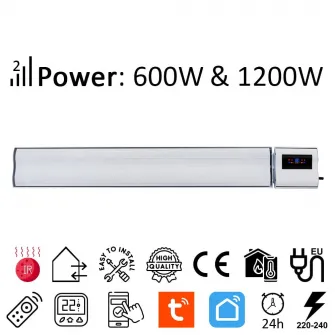 Panou Radiant Infrarosu 1200W si 600W, ElectricSun, cu Termostat si Wi-Fi cu Aplicatie Internet TUYA, 94x15cm, Alb