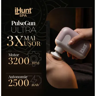 Pistol de masaj profesional iHunt SPA PulseGun Ultra, Percutie profunda, Masaj muscular, White