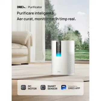 Purificator aer Dreo Macro 505S Smart, WI-FI, CADR 202 m³/h, Filtru 3 in 1 H13 True HEPA, Senzor calitate aer, Mod Auto, Mod de noapte, Lumina ambientala, 4 trepte de viteza, Timer, Pana la 17 m2, Alb