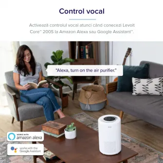 Purificator de Aer Smart Levoit Core 200S Wi-Fi, Filtru 3 in 1 True HEPA, Carbon Activ, Remote Control, Super Silent, Alexa, Google Home, Touch Screen, Alb