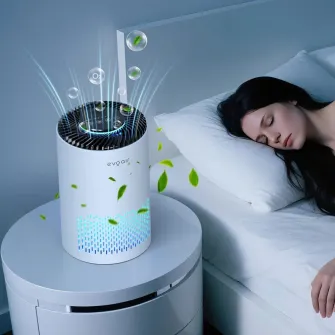 Purificator de aer Evoair Zuno, Filtru 3 in 1 True HEPA, Carbon Activ, Lampa UV, 3 viteze, Mod Noapte, Aromaterapie, Lumina Ambientala, Timer, Alb