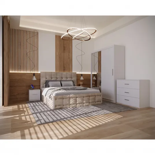 Set Dormitor Regal Tapitat Bej 2 Usi Alb cu Oglinda