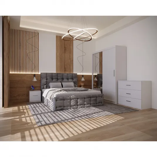 Set Dormitor Regal Tapitat Gri 2 Usi Alb cu Oglinda