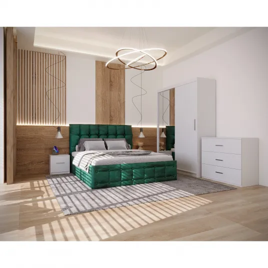Set Dormitor Regal Tapitat Verde 2 Usi Alb cu Oglinda