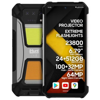 Telefon mobil iHunt Tank 2 Pro cu Proiector Video DLP, Dual SIM, 4G, Octa-Core, 24GB RAM, 512GB, 23800mAh, Incarcare Turbo 120W, Lanterna Puternica, NFC, IP68, Android 14