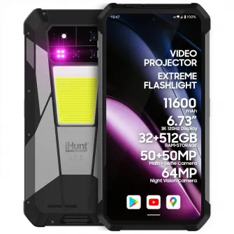 Telefon mobil iHunt Tank 4 Pro, 5G, Dual SIM, 6.73-inch 3K 120Hz AMOLED, Proiector Video Laser 720P 60Hz, Octa-Core, 32GB RAM, 512GB, Camera 50AF + 64 Night + 50MP Telephoto / 32MP Fata, Incarcare Turbo 120W, NFC, IP68/IP69, Android 14