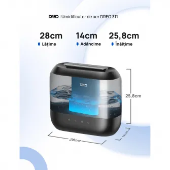 Umidificator Dreo 311S Smart, Wifi, Rezervor 4L, Capacitate de umidificare 250 ml/h, Ceata Rece, Autonomie 36 ore, Aromaterapie, Negru