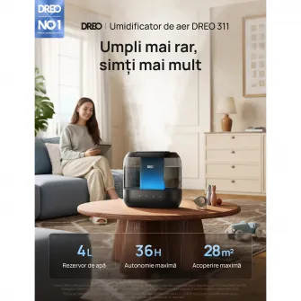 Umidificator Dreo 311S Smart, Wifi, Rezervor 4L, Capacitate de umidificare 250 ml/h, Ceata Rece, Autonomie 36 ore, Aromaterapie, Negru