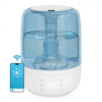 Umidificator Evoair LUNO, Smart, Wifi, Rezervor 2.5L, Capacitate de umidificare 150 ml/h, Senzor umiditate, Autonomie 16 ore, Indicator umiditate si temperatura, Filtru mineral Anticalcar - Alb, Albastru