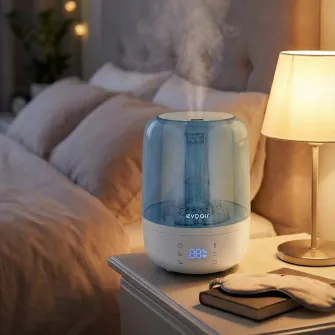 Umidificator Evoair LUNO, Smart, Wifi, Rezervor 2.5L, Capacitate de umidificare 150 ml/h, Senzor umiditate, Autonomie 16 ore, Indicator umiditate si temperatura, Filtru mineral Anticalcar - Alb, Albastru