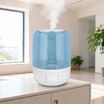 Umidificator Evoair LUNO, Smart, Wifi, Rezervor 2.5L, Capacitate de umidificare 150 ml/h, Senzor umiditate, Autonomie 16 ore, Indicator umiditate si temperatura, Filtru mineral Anticalcar - Alb, Albastru