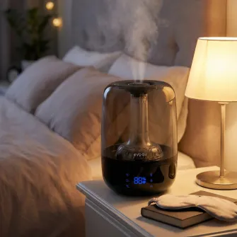 Umidificator Evoair LUNO, Smart, Wifi, Rezervor 2.5L, Capacitate de umidificare 150 ml/h, Senzor umiditate, Autonomie 16 ore, Indicator umiditate si temperatura, Filtru mineral Anticalcar - Negru, Gri