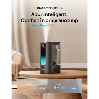 Umidificator aer Dreo 813S Smart, Rezervor 6l, 500ml/h, Ceata calda si rece, 3 trepte umidificare, Senzor umiditate, Indicator Umiditate, Duza de Ceata, Mod Auto, Aromaterapie, Negru
