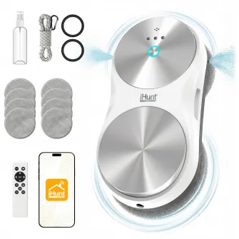 Robot inteligent de curatat geamuri iHunt Smart Window Robot 6 Ultra, Dual Spray, Putere 90W, 6000 Pa, AI Planning, Rezervor 50ml, Sistem UPS, Telecomanda, 8 Mopuri cadou, Alb