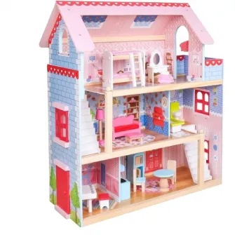 Casa mare de papusi din lemn cu 3 etaje, cu set de mobilier si accesorii si iluminare cu LED-uri, 76 x 30 x 82 cm, Infantastic