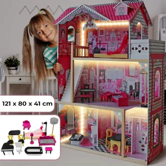 Casuta de papusi din lemn cu banda LED, 3 Etaje, accesorii mobilier Incluse si detasabile, 41 x 80 x 121 cm, Roz