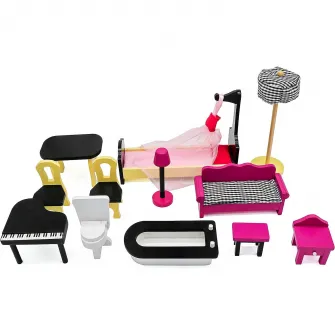 Casuta de papusi din lemn cu banda LED, 3 Etaje, accesorii mobilier Incluse si detasabile, 41 x 80 x 121 cm, Roz