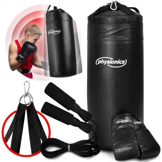 Sac de box pentru copii, 2 manusi, coarda de sarit, 13kg, negru