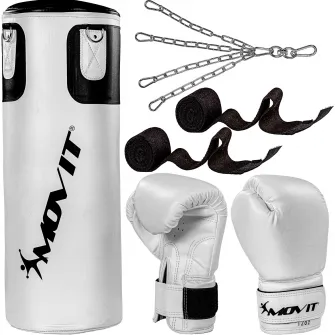 Set sac de box, manusi, bandaje, MOVIT, 25 kg, pentru adulti, alb