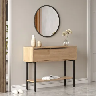 Consola cu oglinda Wardio melaminat culoare lemn natural - negru 100x29.5x76cm