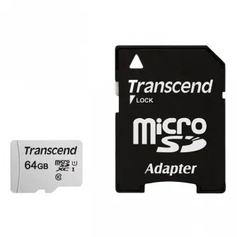 64GB MicroSD (Class 10) UHS-I (U1),+SD adapter, Transcend "TS64GUSD300S-A" (R/W:95/45MB/s)